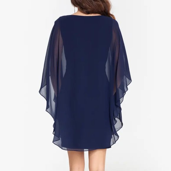 NWT Xscape Navy Blue Sheer Cape Rhinestone Cut-out Cocktail Gown Dress - Picture 12 of 13